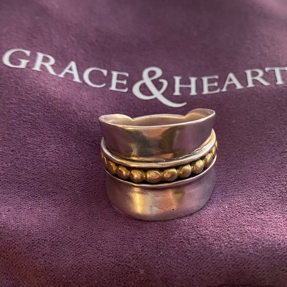 Stunning Grace & Heart Silver and Brass Ring